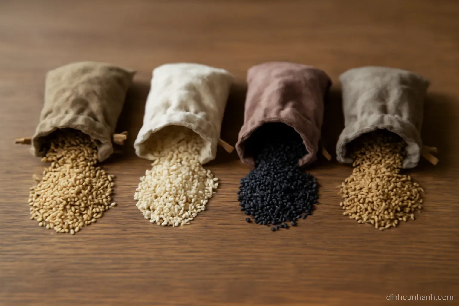 four small pouches emptied onto a table with their contents sorted into four neat piles of different sizes