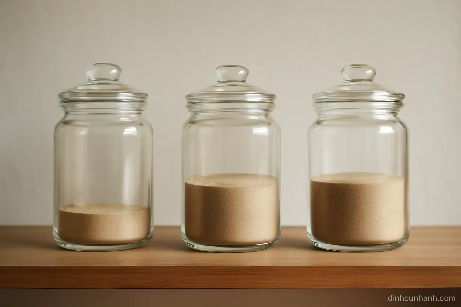 three identical glass jars on a shelf holding different amounts of sand, side lit against a neutral background