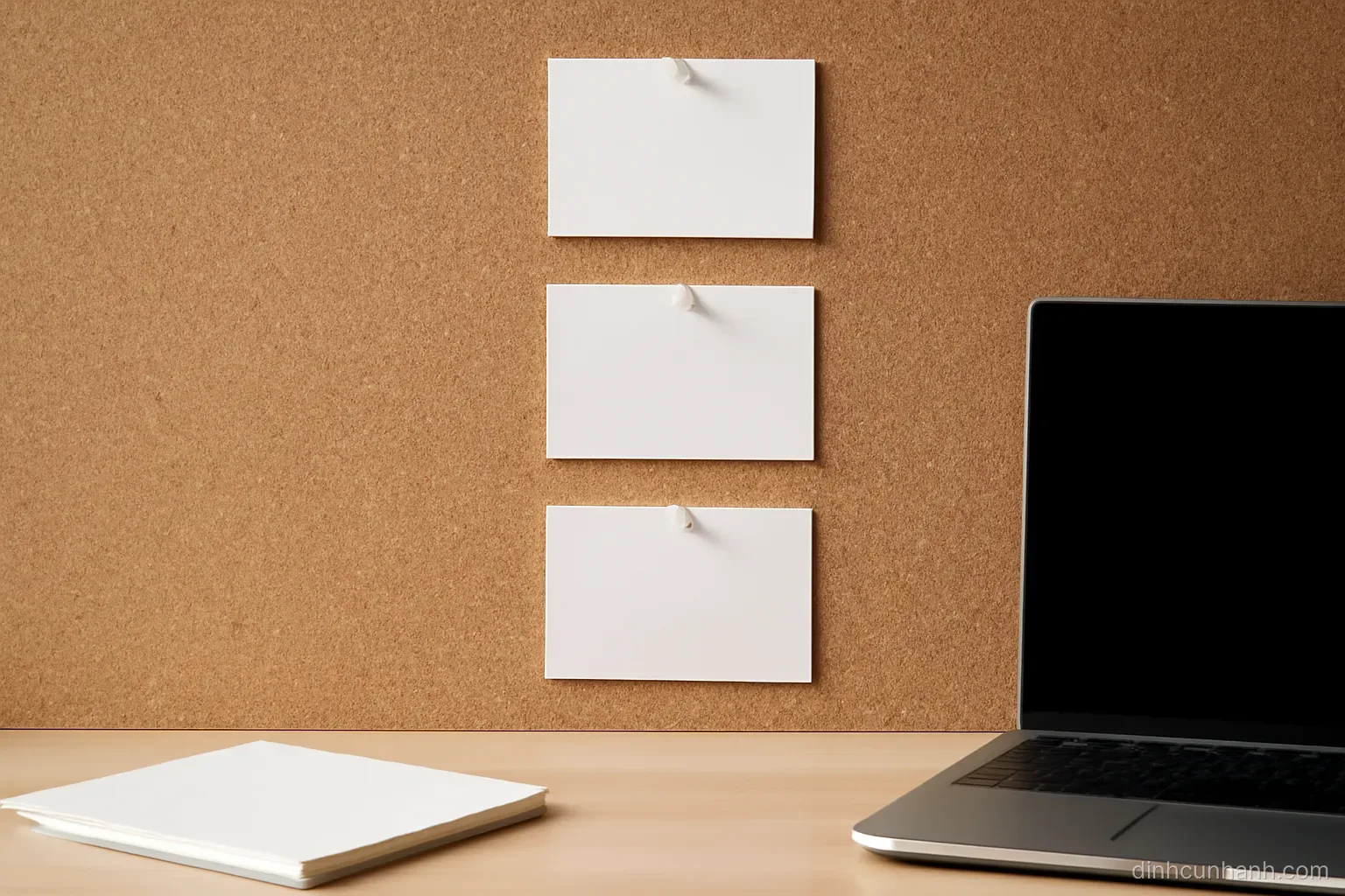 three small index cards pinned in a vertical column on a cork board above a tidy desk, each card blank
