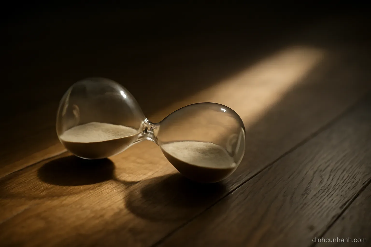 an hourglass tipped on its side on a wooden floor with sand halted mid-flow, lit by a narrow beam of light