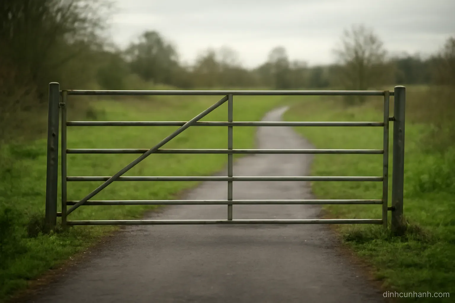 a closed metal gate across a paved path with an open grassy route curving away to one side, overcast light