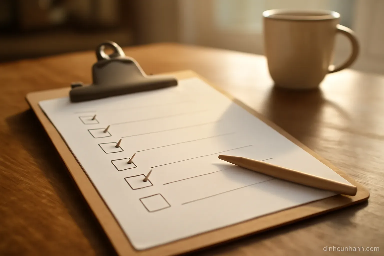 a printed checklist on a clipboard with several boxes ticked in pencil, resting on a kitchen table in morning light
