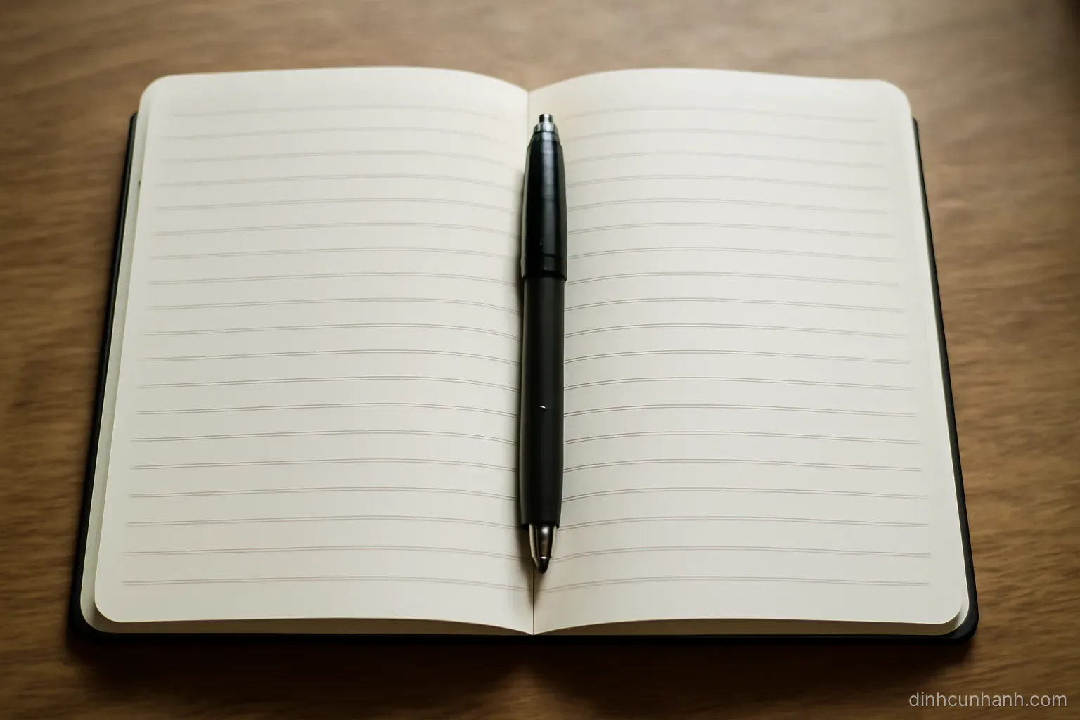 a plain notebook open to a page with four short handwritten lines and a pen resting in the fold, overhead view