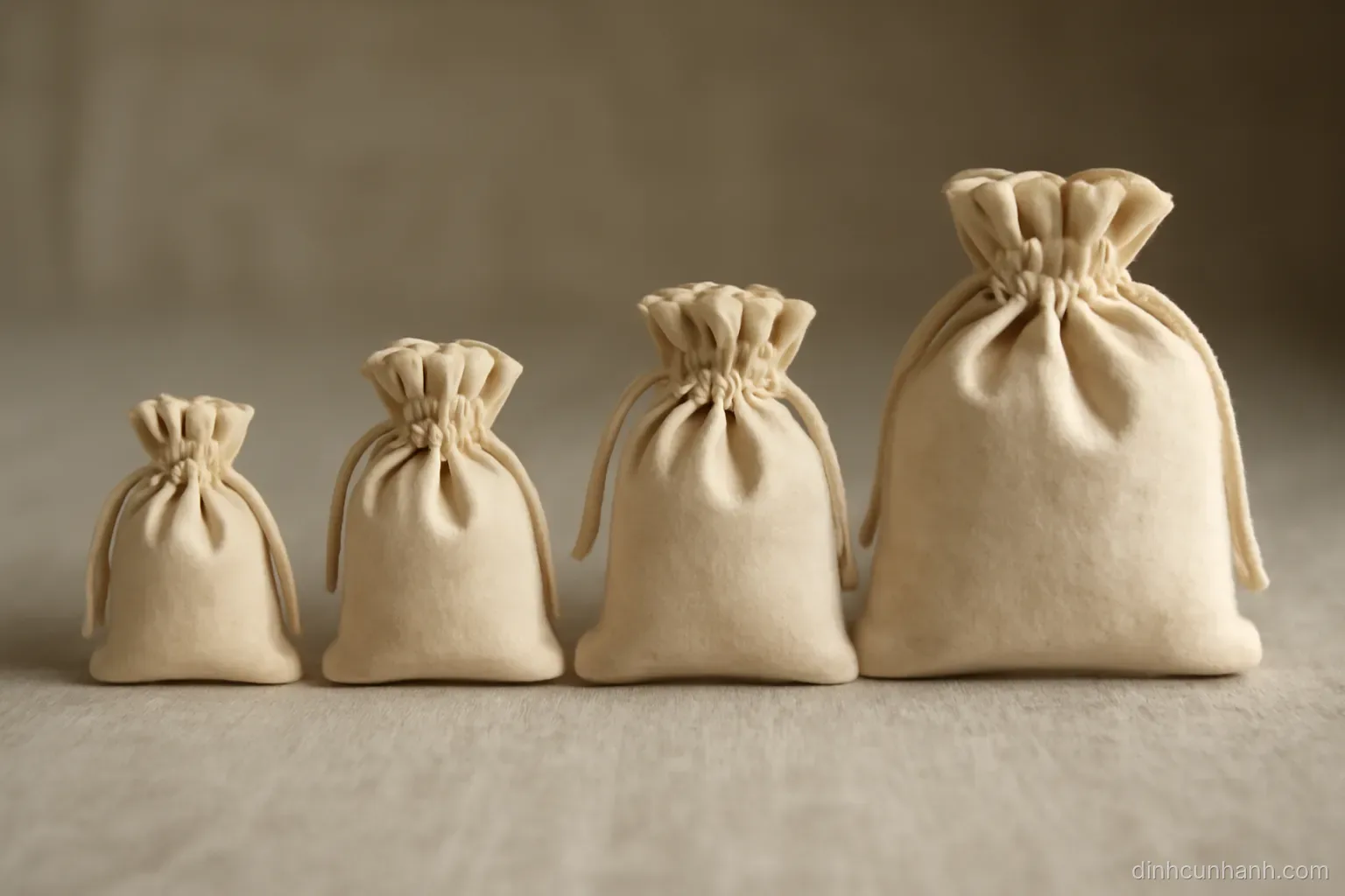 four small cloth pouches of different sizes arranged in a row on a linen surface, one visibly fuller than the others
