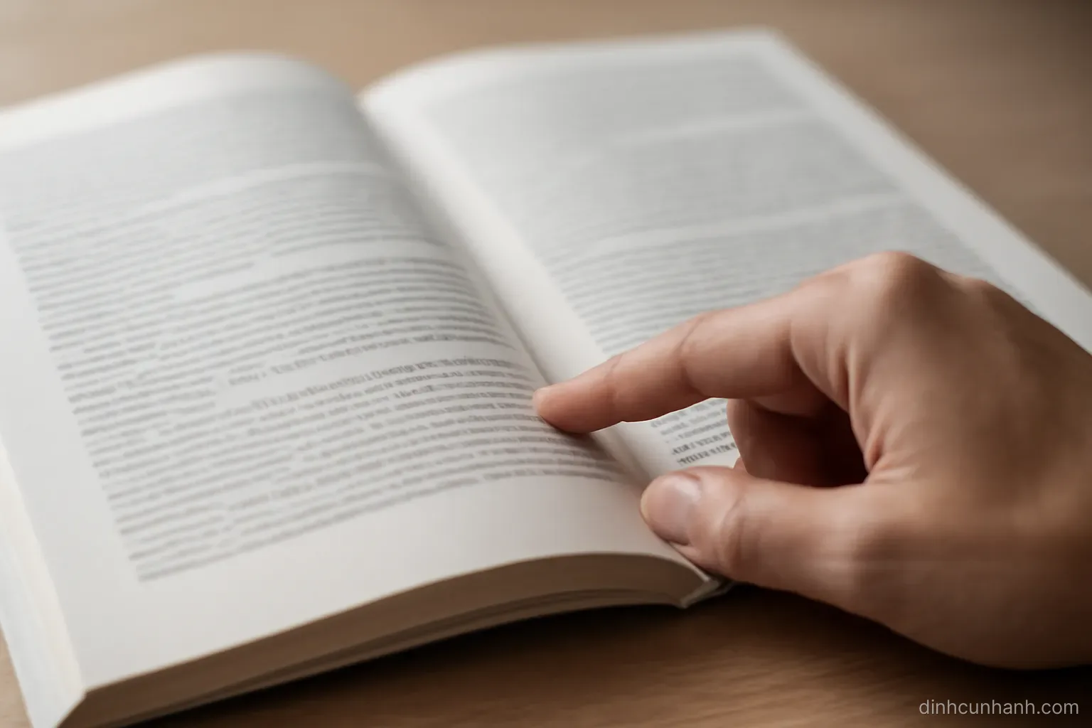 a multi-page document held open at a middle page with a finger marking a line, plain table surface beneath