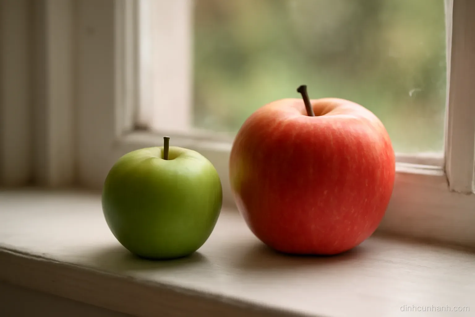 a green apple and a ripe one resting together on a windowsill, the unripe one noticeably smaller and firmer