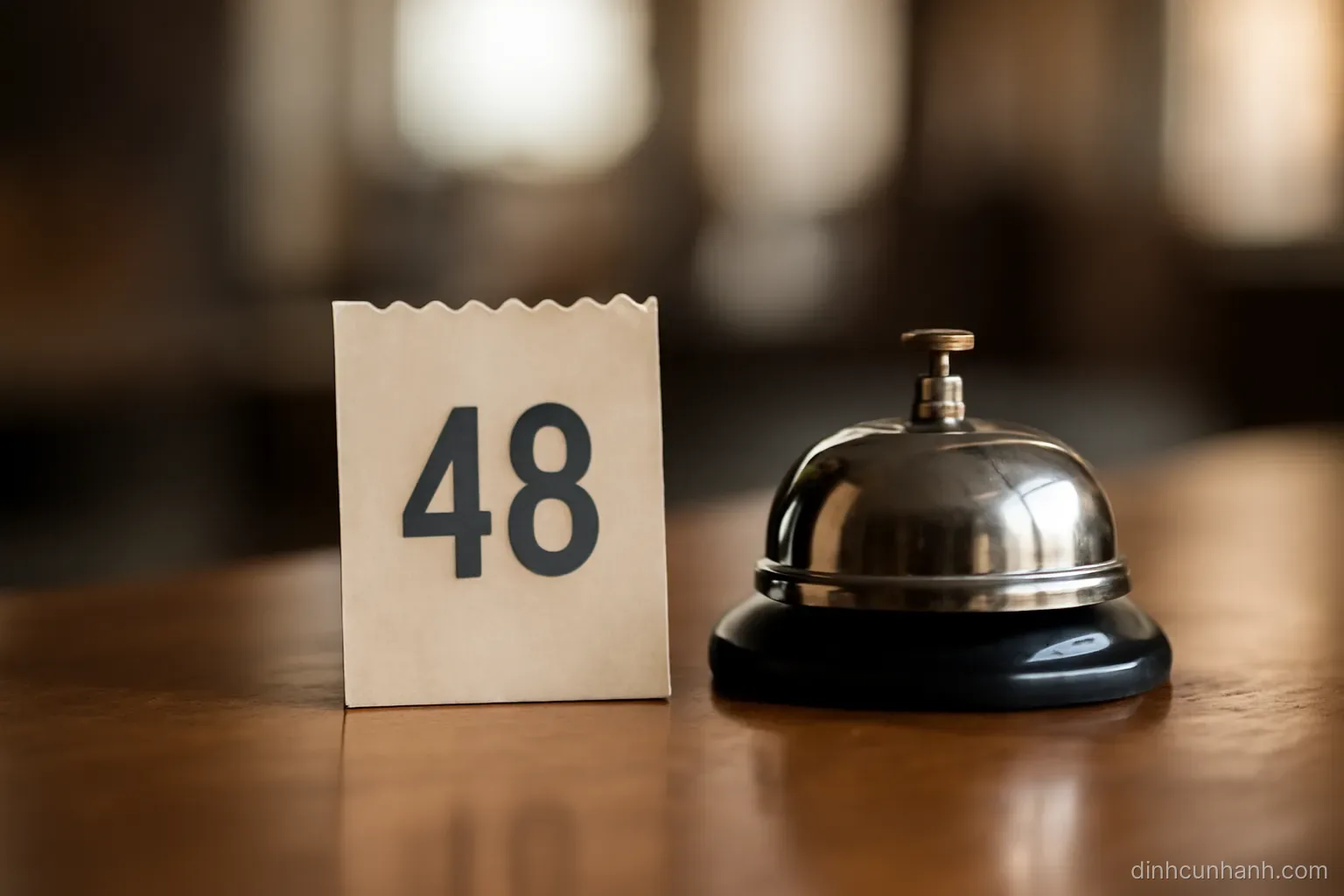 a numbered paper ticket resting on a counter next to a small bell, both in sharp focus against a blurred background