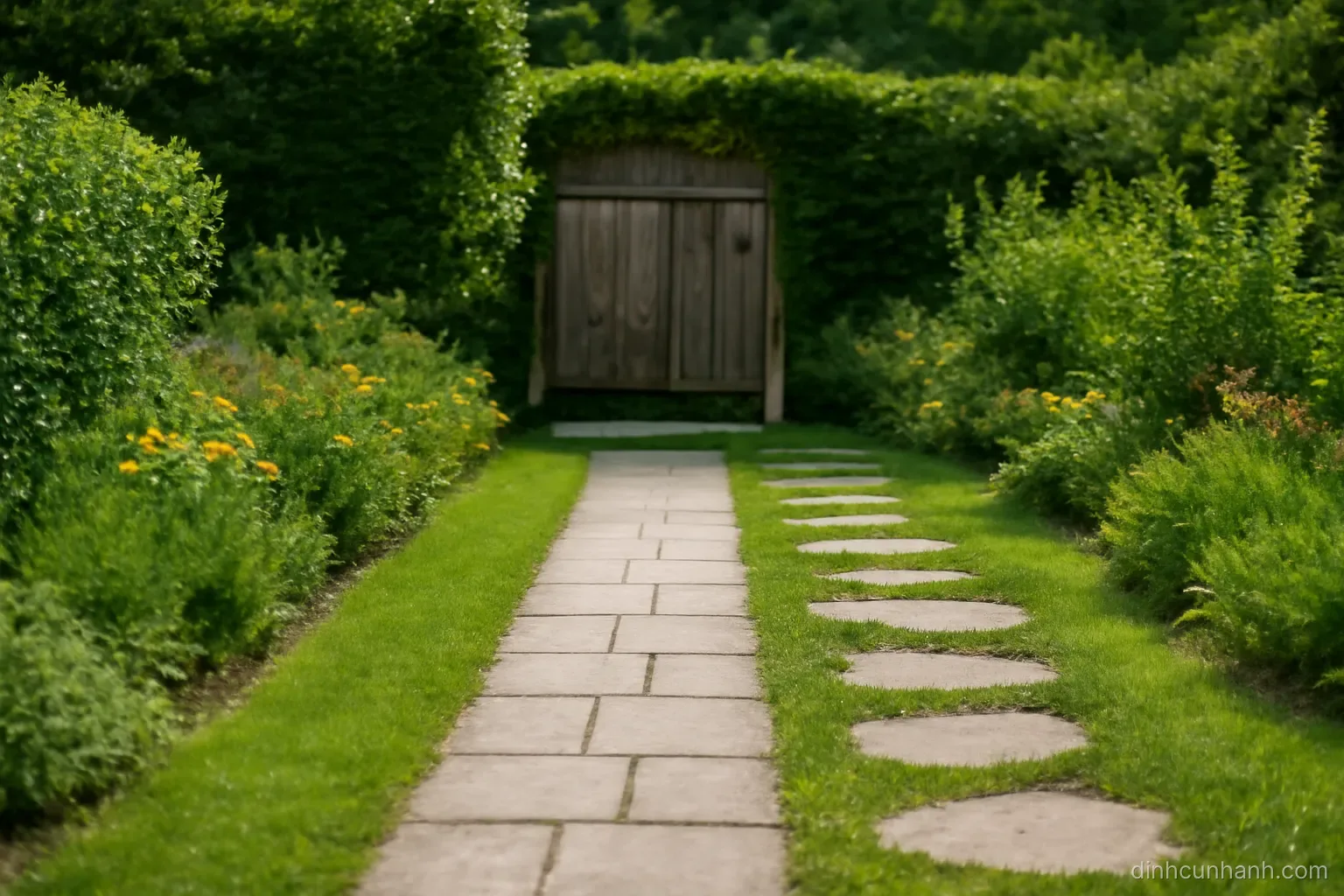 two garden paths of different widths leading away from a single gate, one paved and one made of stepping stones