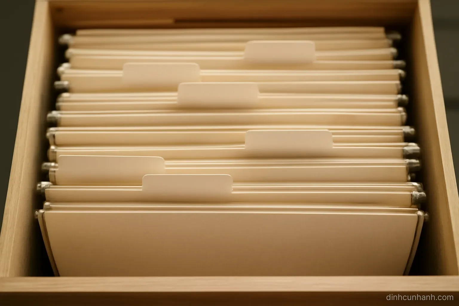 a set of empty labelled folders arranged in a drawer with dividers, seen from above in even daylight