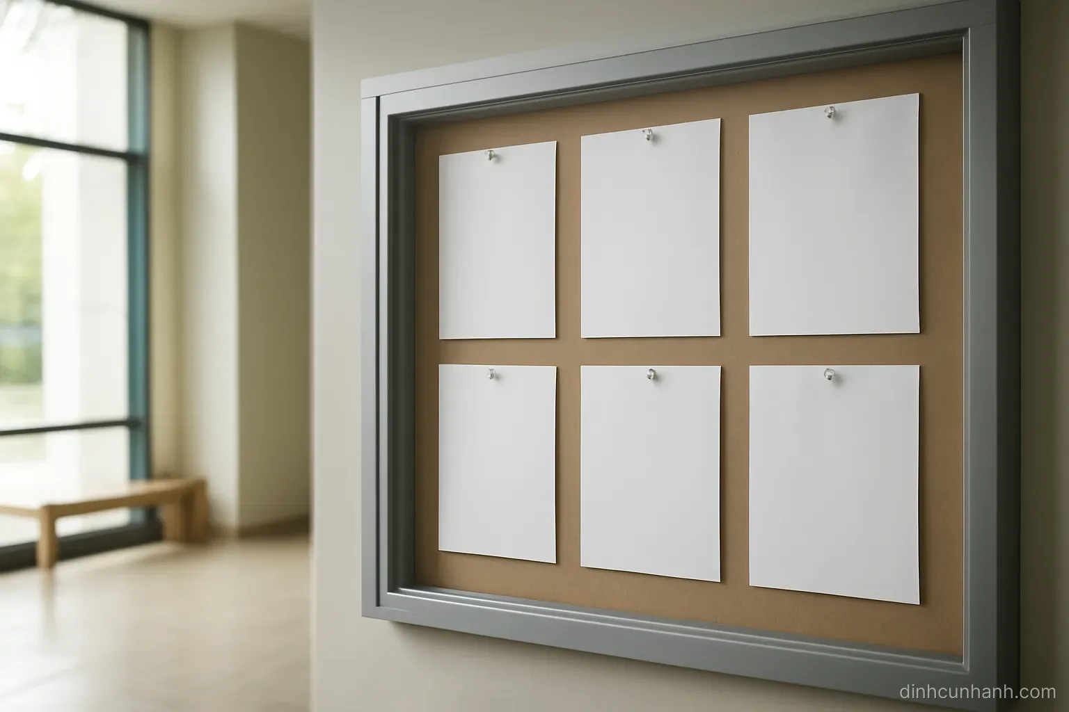 a public noticeboard behind glass in a plain lobby with several blank sheets pinned in neat rows, natural daylight