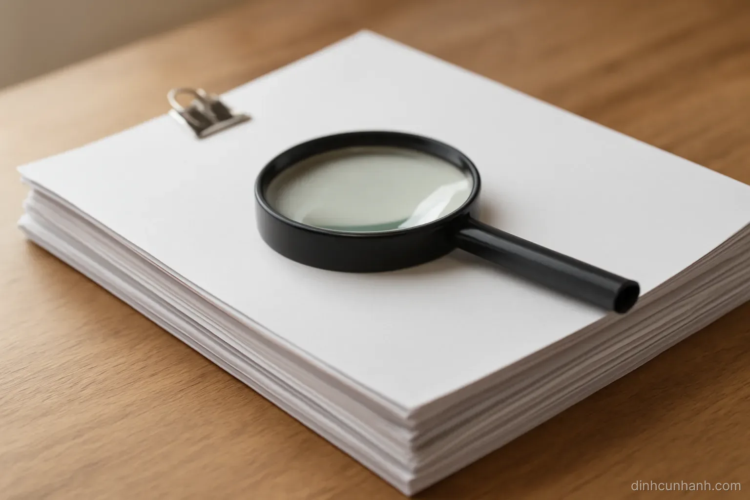a stack of paper sheets clipped together in sequence on a desk with a magnifying glass resting on the topmost sheet