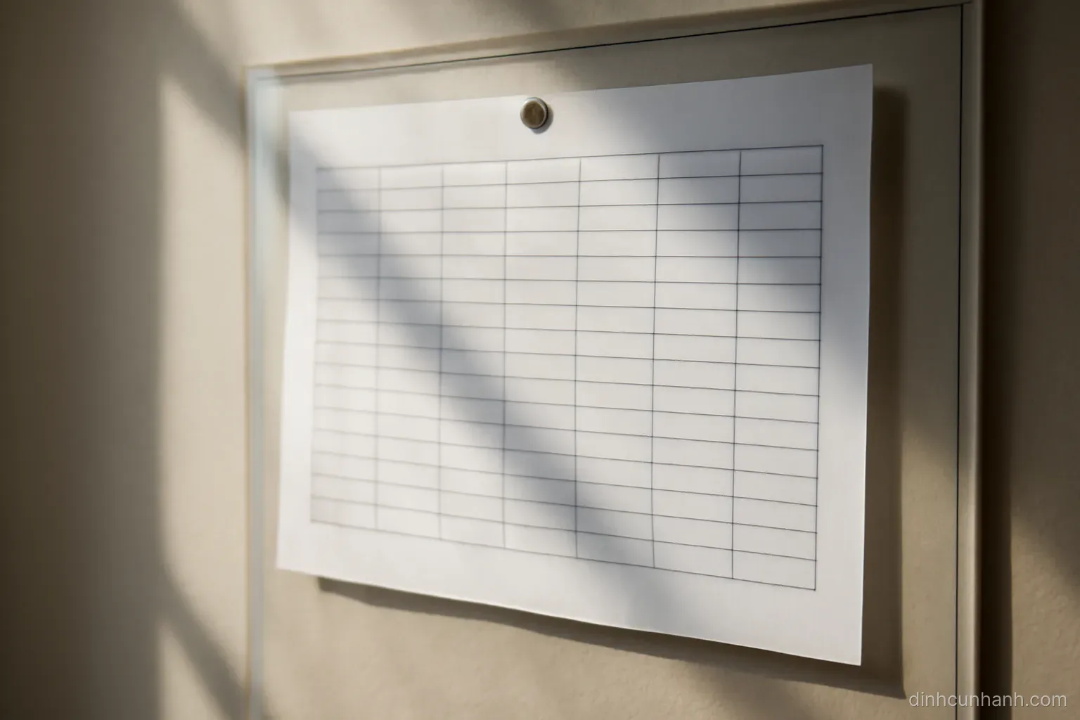 a printed table pinned behind glass on a wall with rows and columns visible but no readable characters, angled light