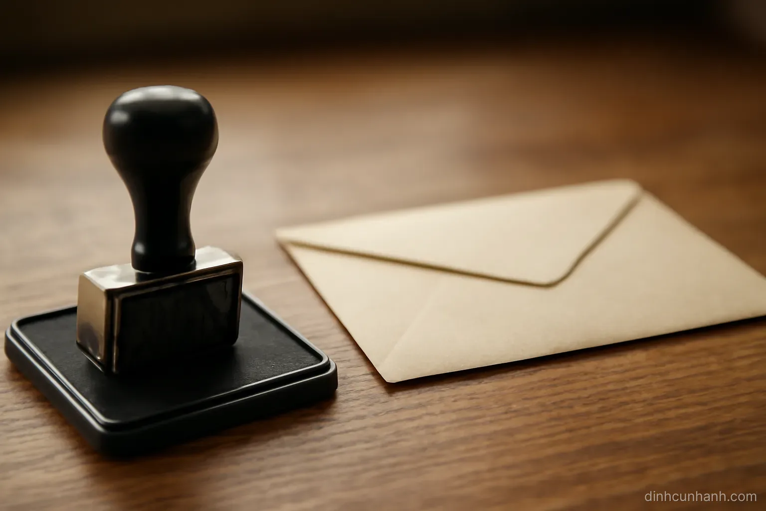 a rubber date stamp resting on an ink pad beside a closed paper envelope on a wooden counter, warm side lighting