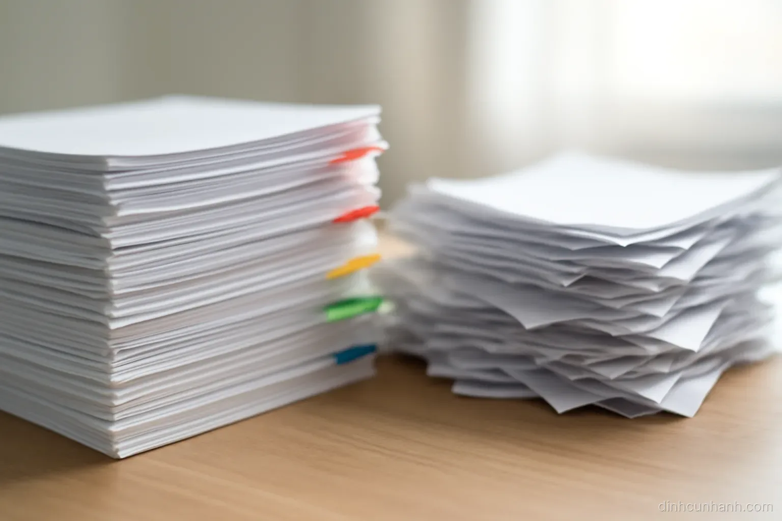 a neat stack of documents with coloured tabs protruding at even intervals beside a messy pile of loose papers