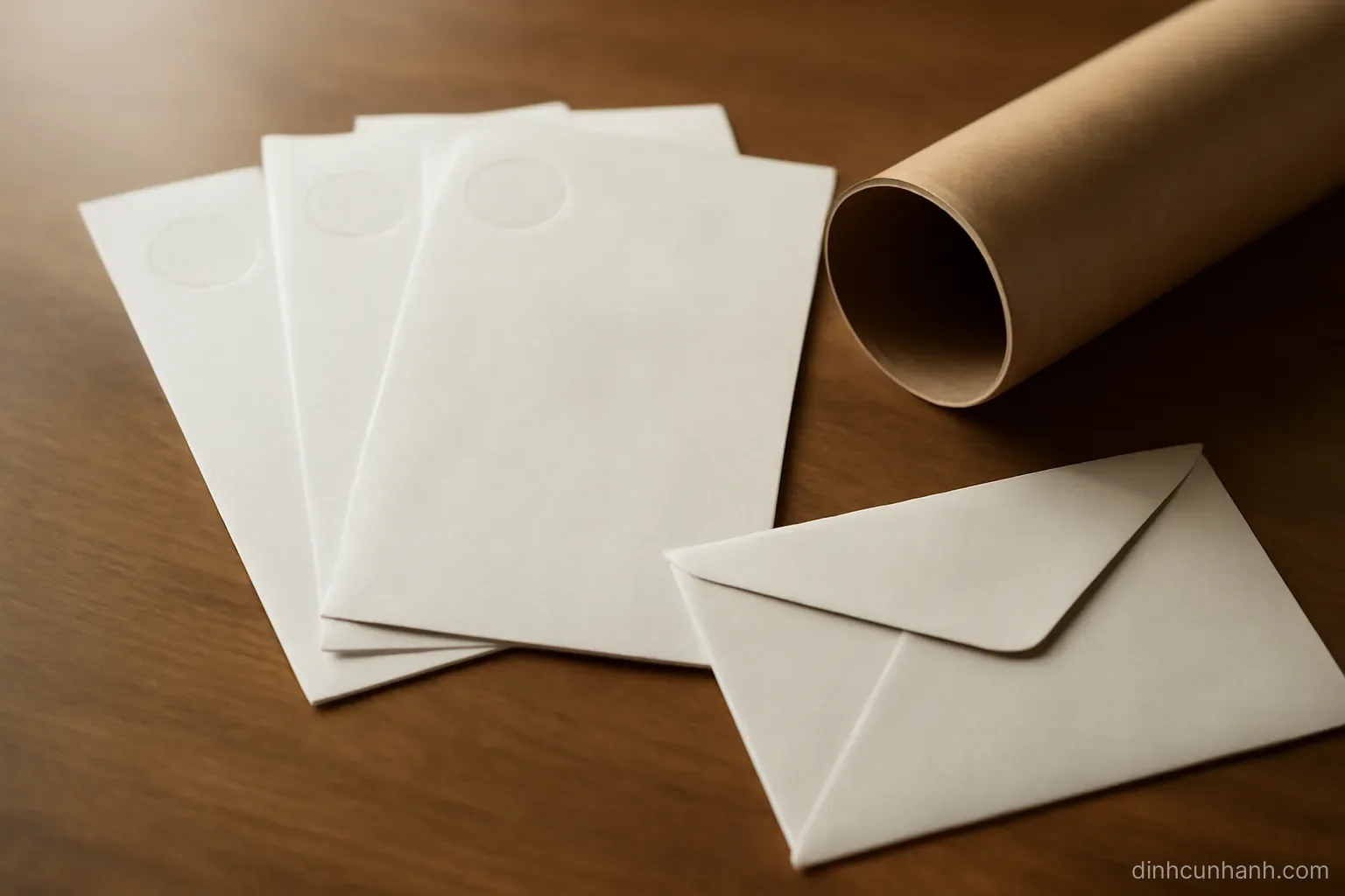 several stamped paper documents fanned out on a table next to an open cardboard mailing tube and a plain envelope