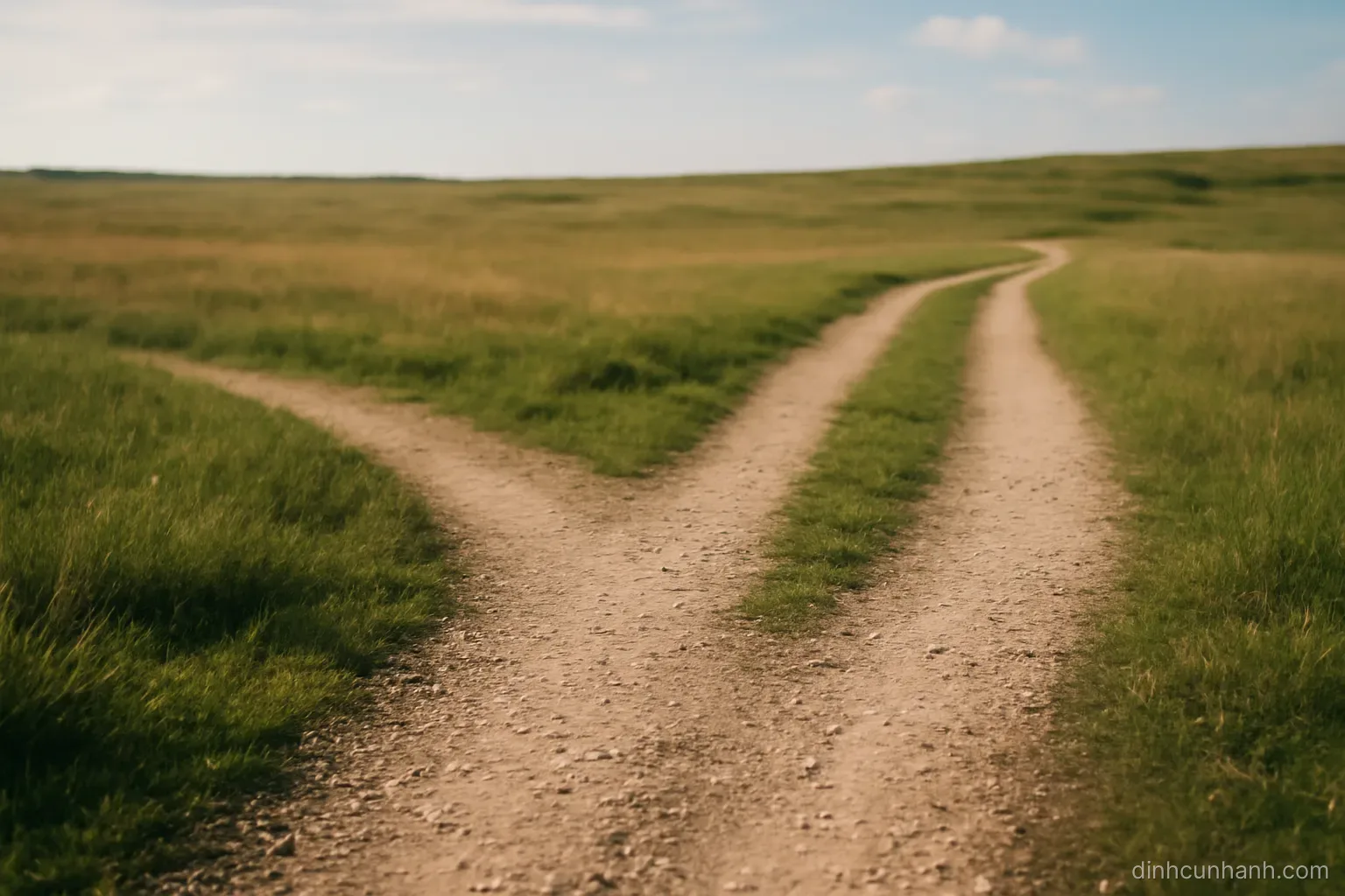 a fork in a gravel path through open grassland with both branches equally worn, seen from the point of division