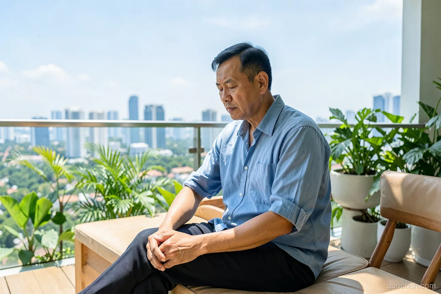 Vietnamese man in his forties reading quietly on a balcony bench of a bright high-rise apartment in Thu Duc City with green plants and a sunny skyline behind, medium shot