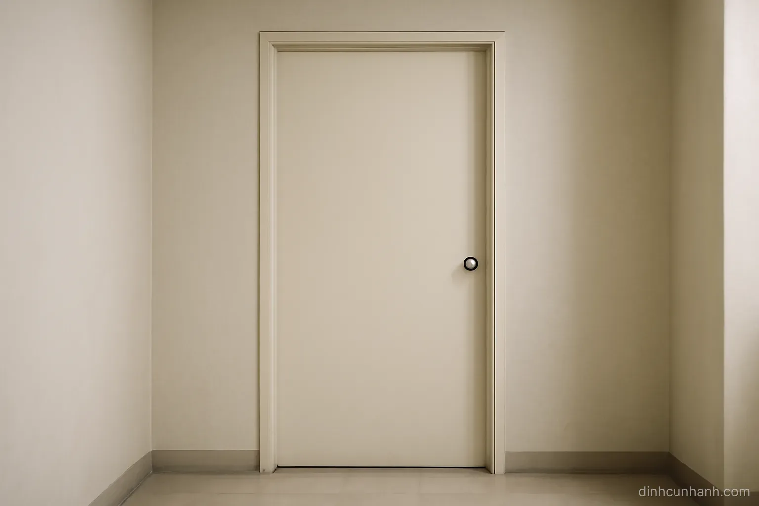 a plain closed door in a bare corridor with no sign or handle plate, photographed straight on in flat light