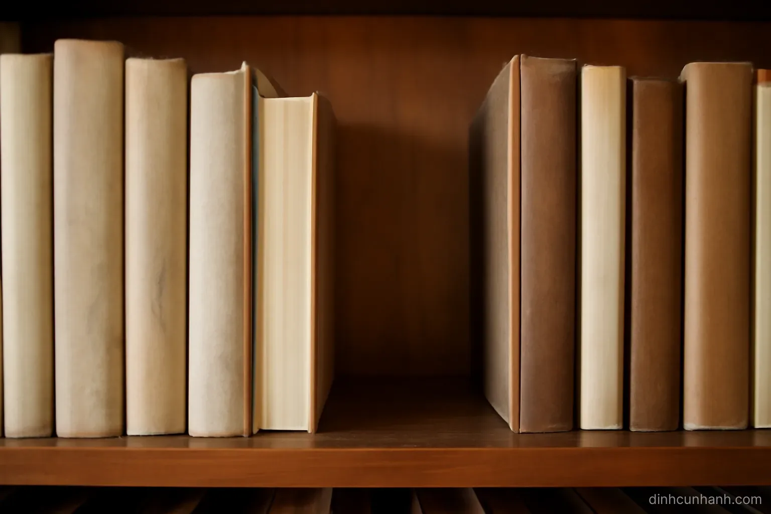 a bookshelf row of upright volumes with one empty slot in the middle where a book has been removed