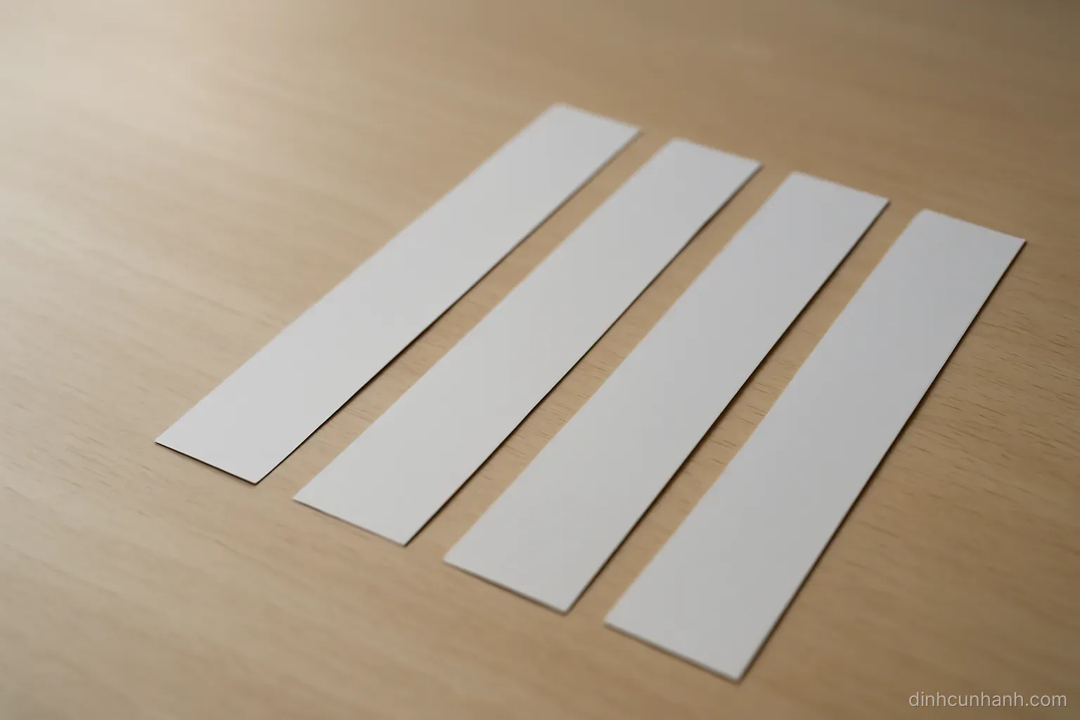 four parallel strips of paper of different lengths laid side by side across a plain desk, aligned at one end
