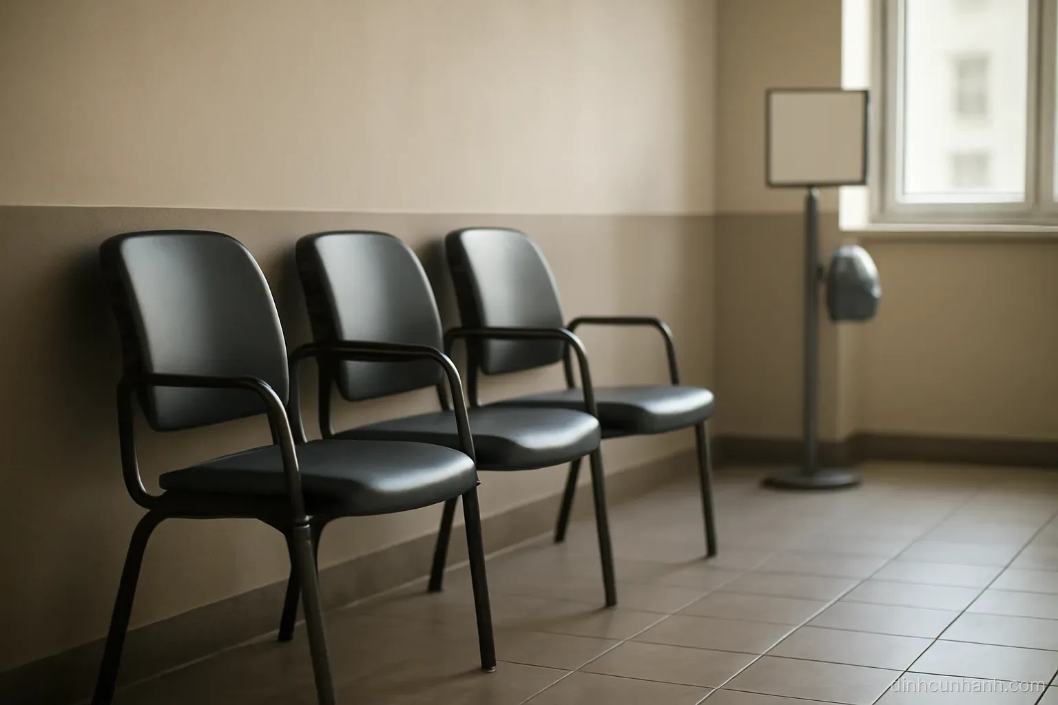 a row of empty waiting-room chairs along a corridor wall with a numbered ticket dispenser standing at the far end