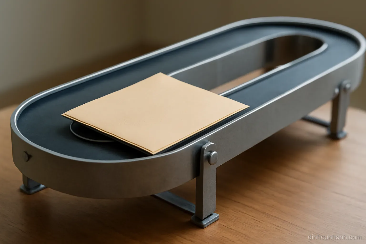 a paper folder travelling along a conveyor that loops back on itself, drawn as a simple physical setup on a table
