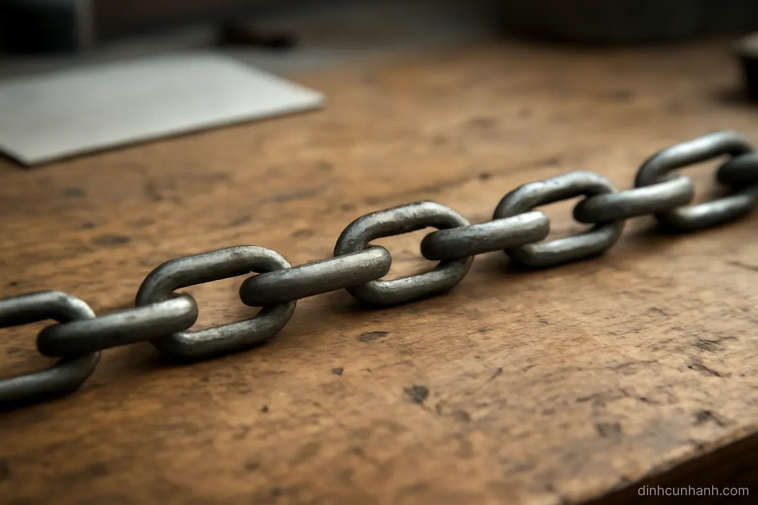 a chain of metal links laid out straight on a workbench where one link is noticeably thinner than the rest
