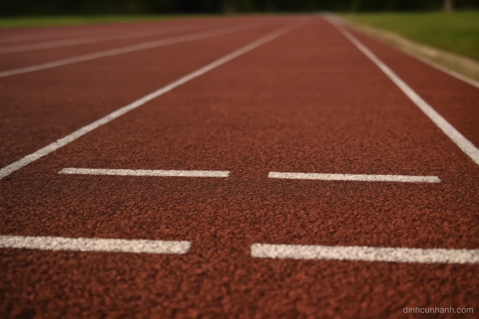 a running track seen from the side with two different finish lines marked at unequal distances along the lane