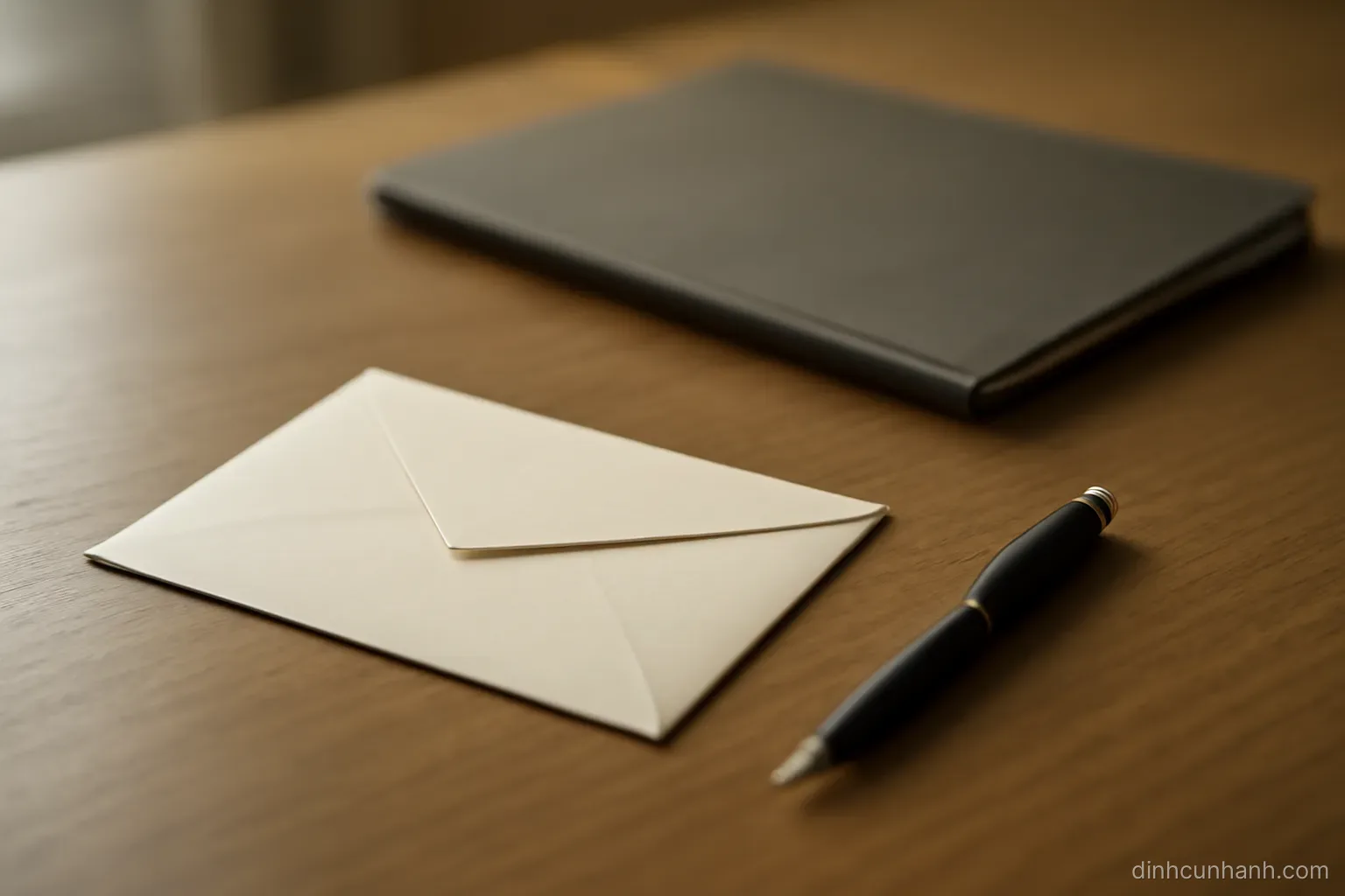 a single sealed envelope resting alone on an otherwise empty desk beside a neatly closed folder and a pen