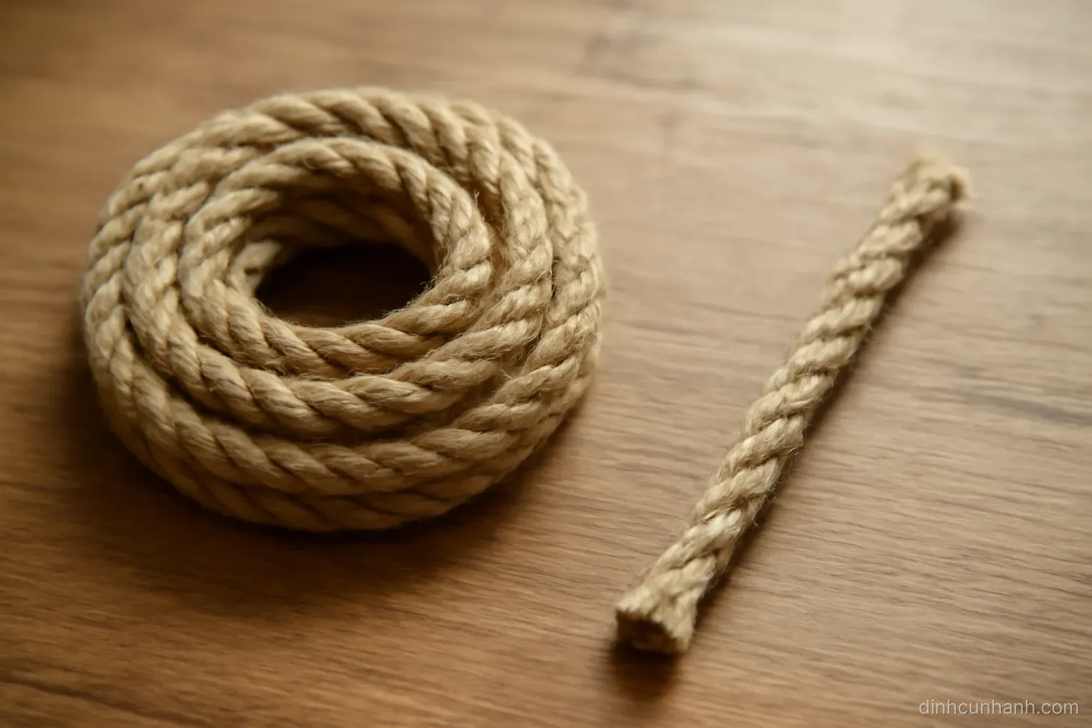 a length of rope coiled on a table with one clearly shorter segment separated and laid straight beside the coil