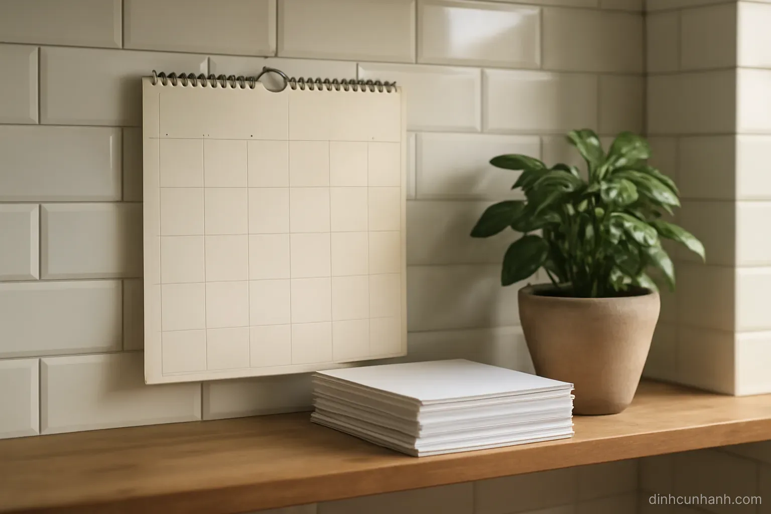 a wall calendar and a small stack of documents sitting together on a kitchen shelf beside a potted plant