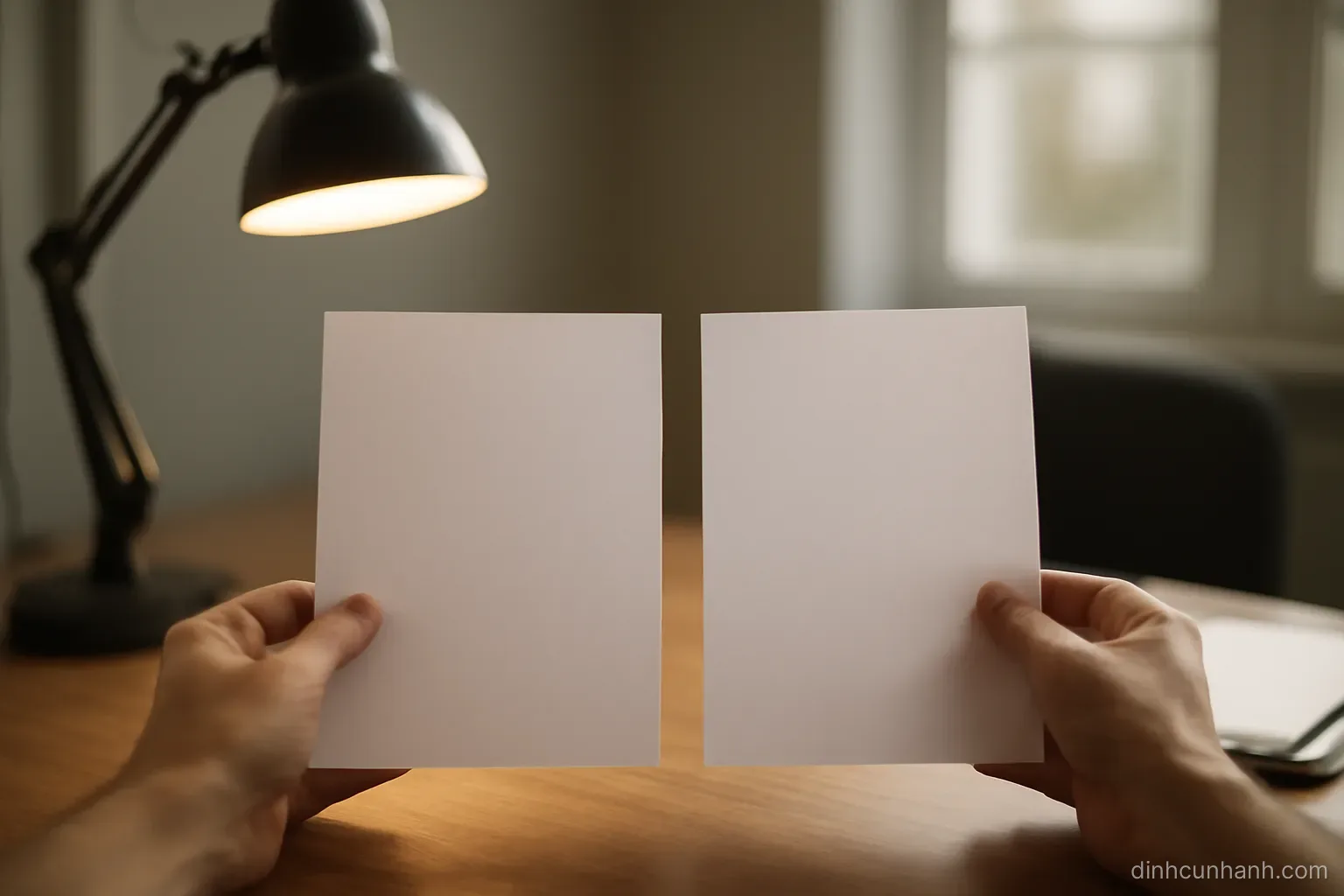 a pair of hands in soft focus comparing two blank documents side by side under a desk lamp in a quiet office