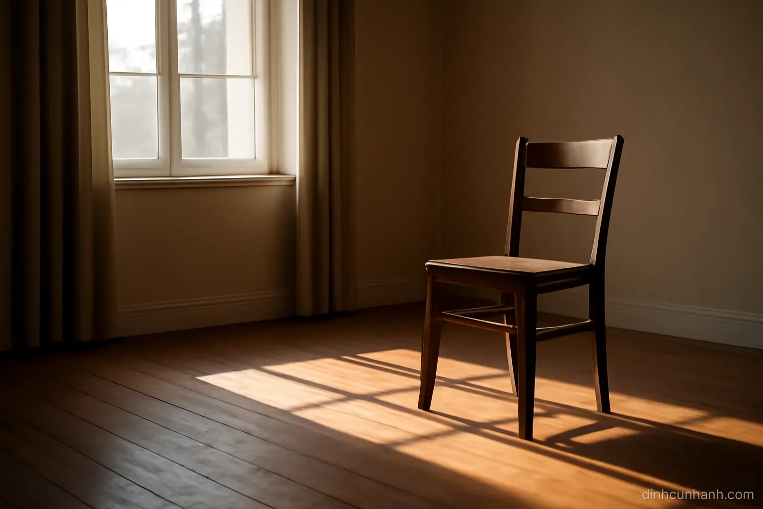 an empty chair beside a window in a quiet room with long afternoon shadows stretching across a bare wooden floor