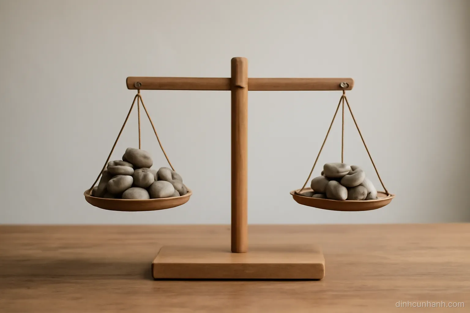 a simple wooden balance scale on a table with unequal piles of small pebbles in its two pans, plain background