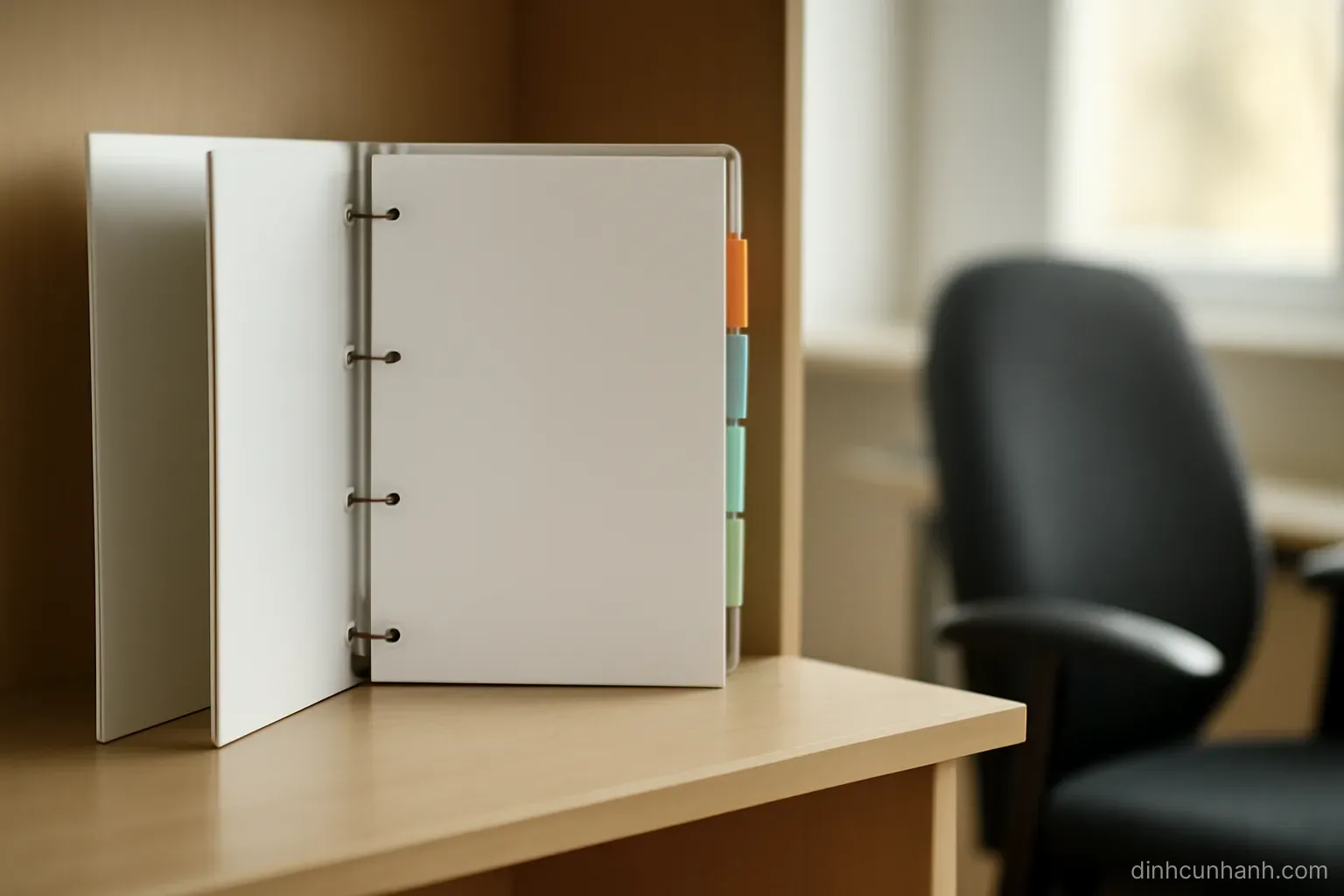 an open ring binder with tabbed dividers standing upright on a shelf within arm reach of a desk chair