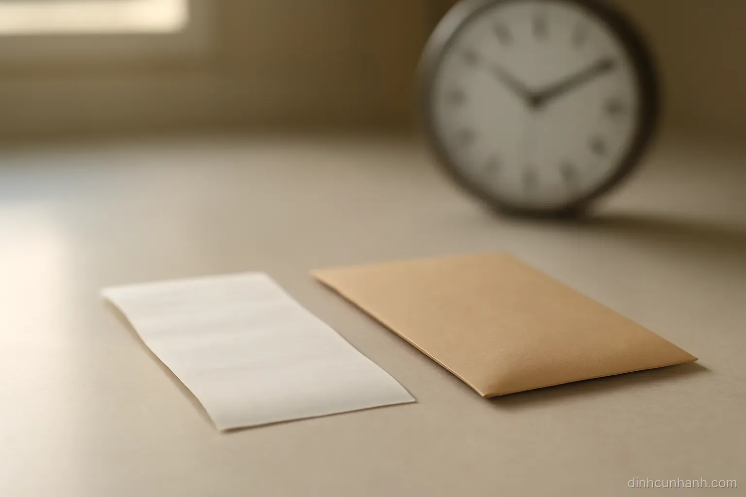 a paper receipt lying face down beside a plain envelope on a counter, with a clock visible out of focus behind them