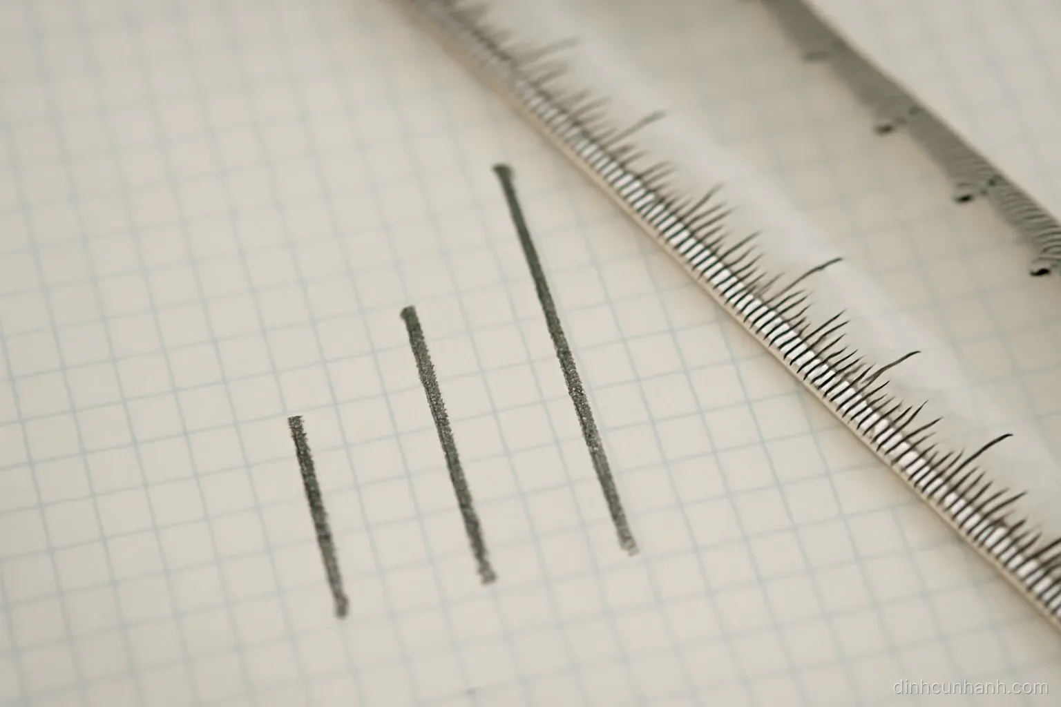three pencil lines of different lengths drawn side by side on graph paper with a ruler lying diagonally across them