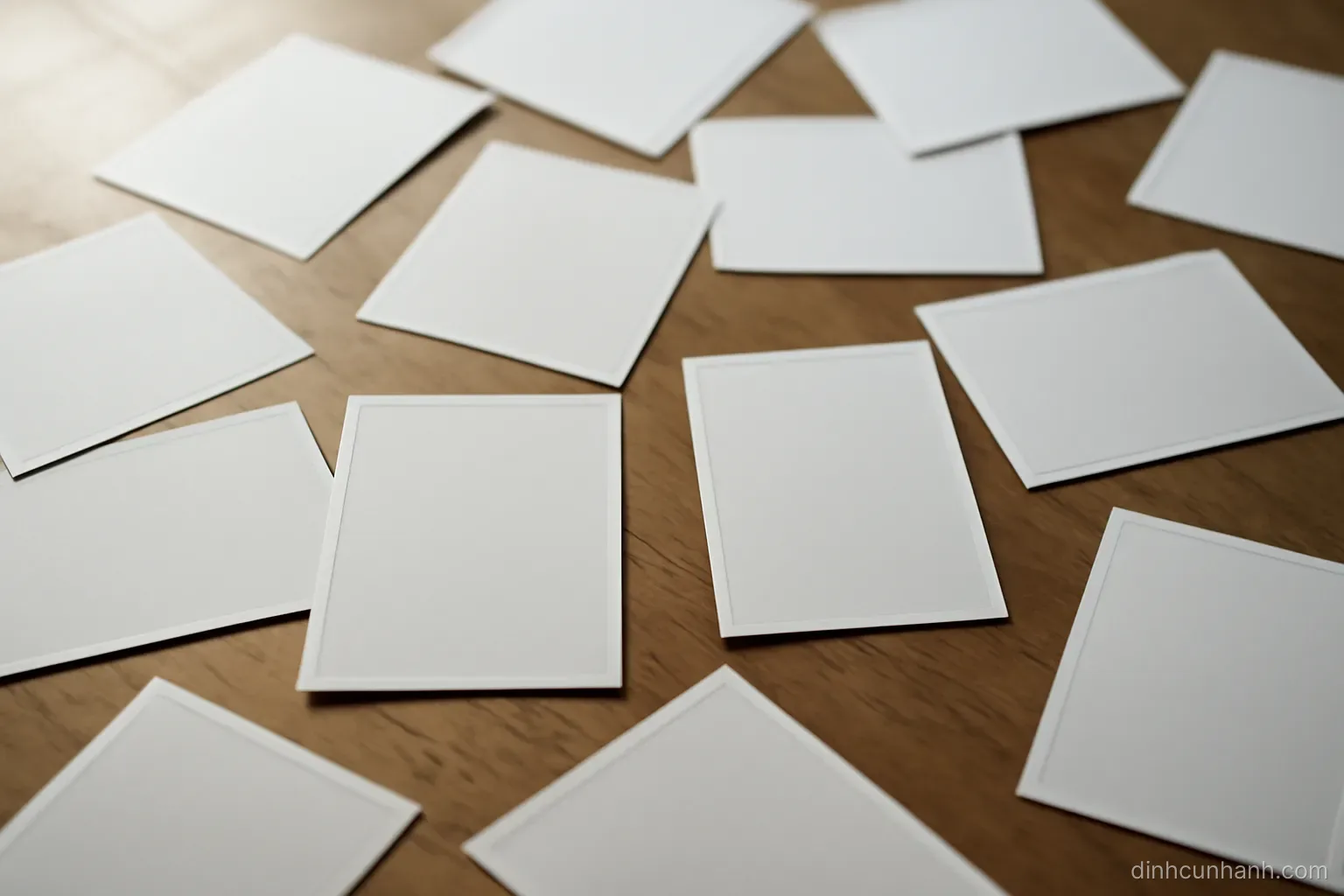 a handful of photographs spread across a table face down except three turned face up, showing only blank white backs