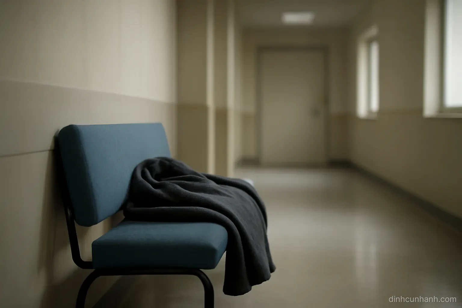 a hospital-style corridor bench with a folded coat left on it and a closed door at the far end, muted lighting