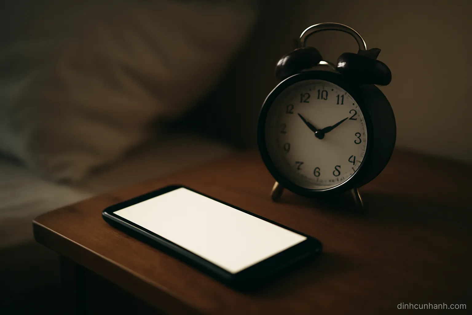 a phone lying face up on a bedside table in dim light with the screen blank, an alarm clock beside it