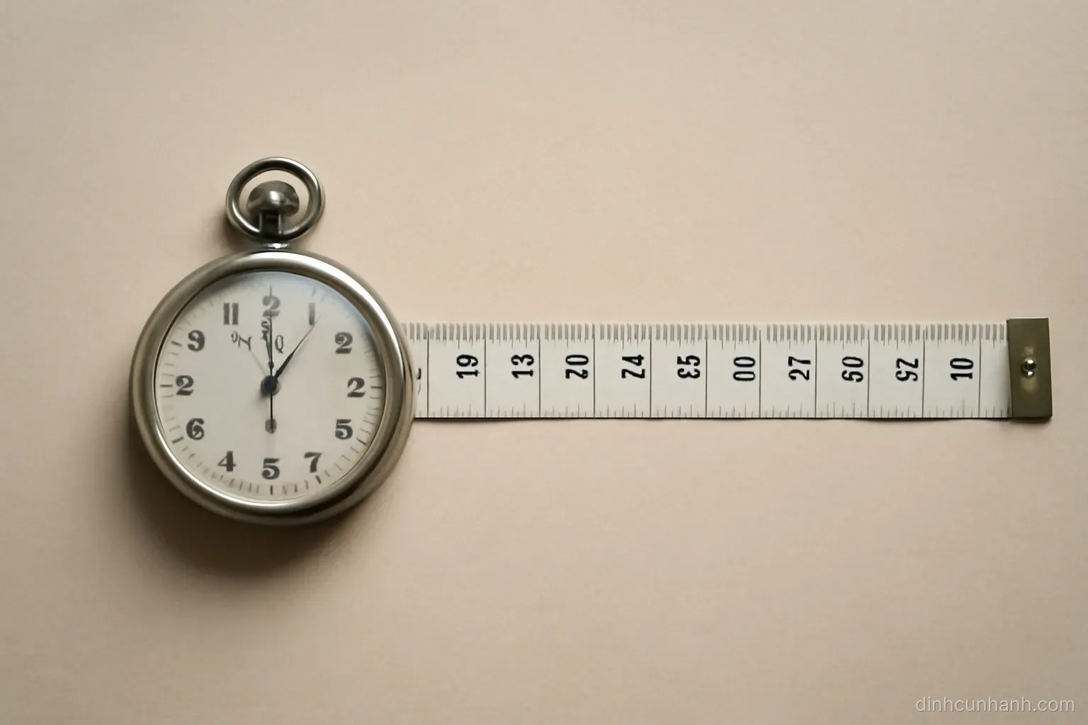 a stopwatch lying beside a much longer measuring tape unrolled across a plain desk surface, viewed from directly above