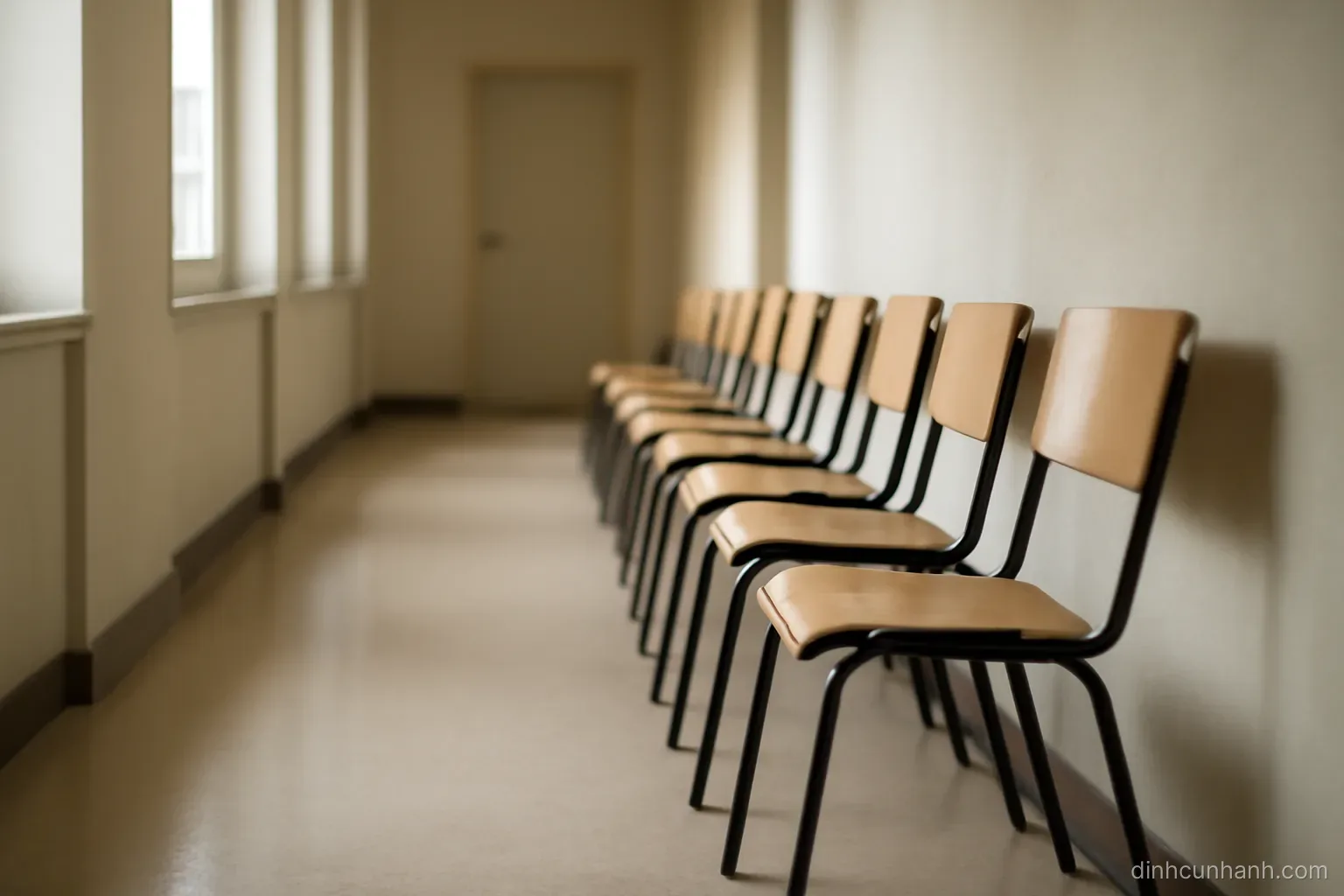 a long line of empty chairs arranged single file down a corridor, receding toward a closed door in soft daylight